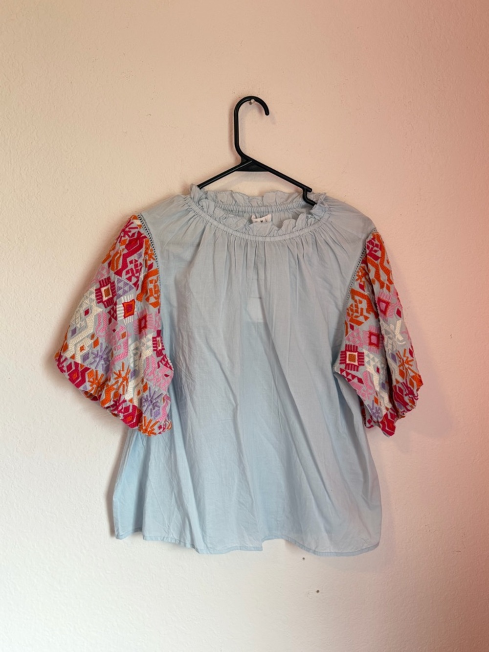 THML Light Blue Peasant Blouse with Multicolor Embroidered Sleeves